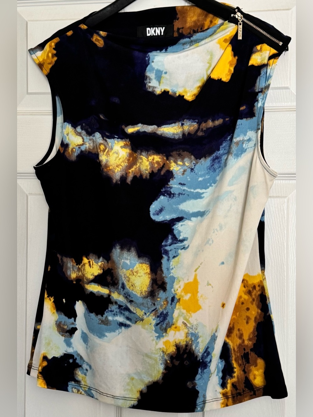 DKNY Abstract Watercolor Sleeveless Tank in Black, Blue & Yellow